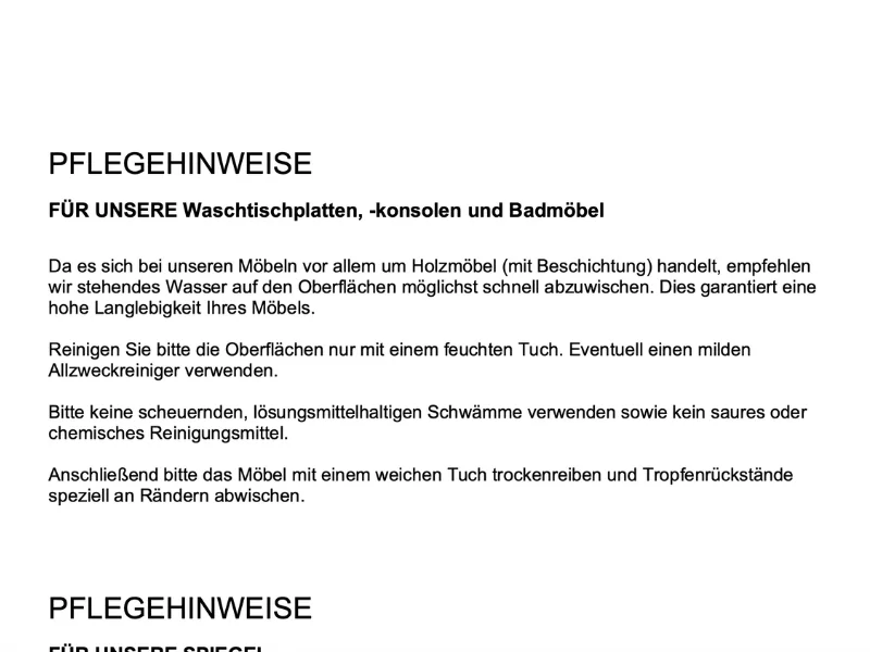 Pflegehinweis für Badmöbel und Spiegel